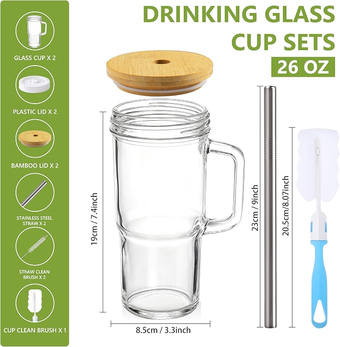 Birity 24oz Glass Cups with Lids and Straws, Glass Tumbler with Handle - Image 7