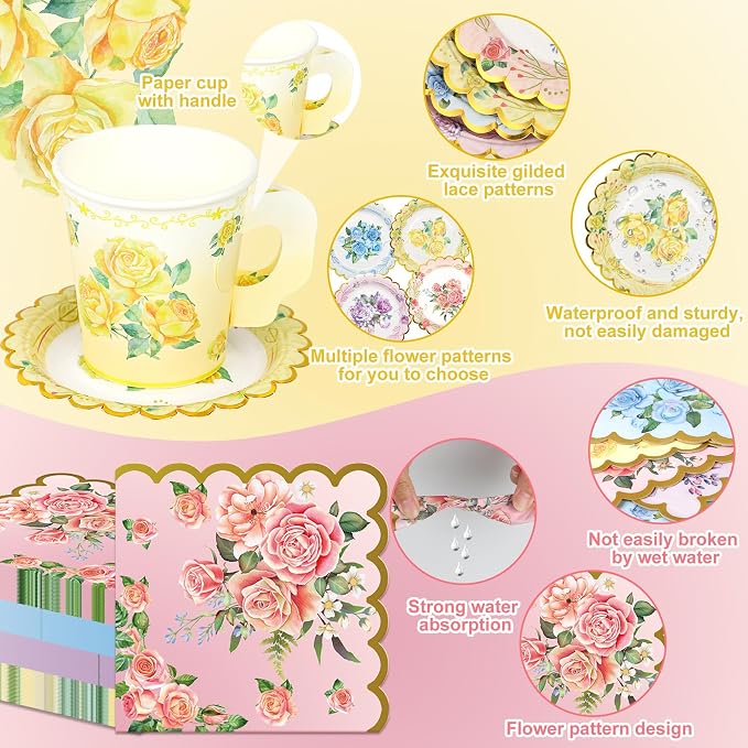 40 Set Floral Tea Cups and Saucers Disposable Tea Party Supplies Colorful - Image 3