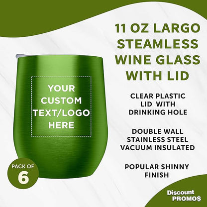 Custom Stemless Wine Glass Tumblers with Lids by Largo 11 oz. Set of 6, Personalized Bulk Pack - Perfect for Wine, Cocktails, Other Hot & Cold Beverages - Lime Green