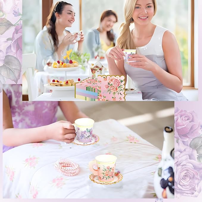 40 Set Floral Tea Cups and Saucers Disposable Tea Party Supplies Colorful - Image 6