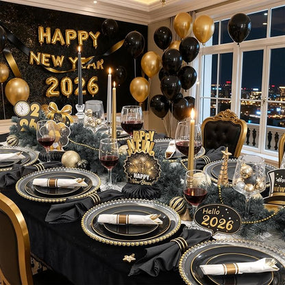 KIRE 200Pcs Black Plastic Plates - Black and Gold Plates Disposable for Party - Include 100 for Dinner and 100 for Dessert for Birthday/Wedding/New Year