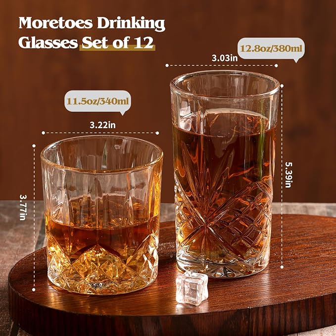 Moretoes Crystal Whisky Drinking Glasses Set of 12, Glass Cups | Mixed - Image 3