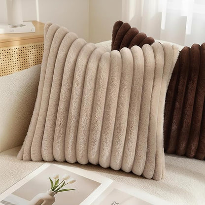decorUhome Cozy Faux Fur Throw Pillow Covers 12x20 Set of 2 Decorative Soft Plush Striped Lumbar Modern Farmhouse Boho Couch Pillow Cases with Velvet Back for Sofa Bed Living Room, Dark Brown