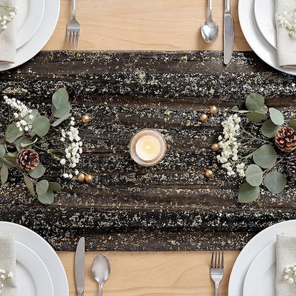 Artoid Mode Black Gold Gauze Table Runner 59x120 Inch 10FT, Glitter Metallic Foil Sheer Dining Wedding Anniversary Holiday Birthday Table Decor for Home Party