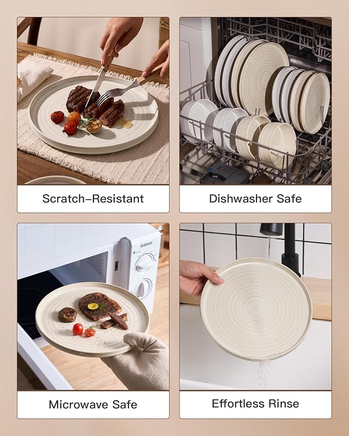 Stoneware Dinnerware Sets for 6, Reactive Glaze Plates & Bowls, Shell Beige | - Image 5