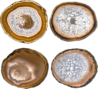 Luxury Lane Set of 4 Large Natural Brazilian Agate Slice Geode Rock Stone Drink Coasters with Wood Holder 4.3-4.7 inch Centerpiece Table Decoration, Ash Gray