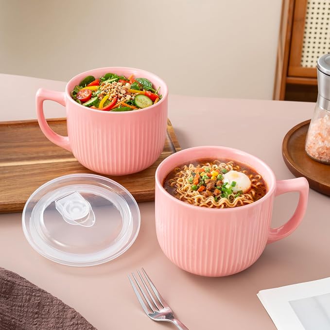 Ceramic Soup Bowl with Handle & Lid, Large 32oz Microwave Ramen Bowl Pink | - Image 5