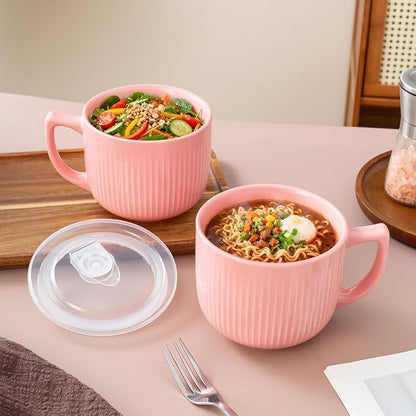 Ceramic Soup Bowl with Handle & Lid, Large 32oz Microwave Ramen Bowl Pink | - Image 5