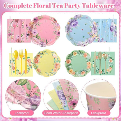 450 Pcs Floral Tea Party Tableware Set Decorations, Serves 50 | Scalloped - Image 3