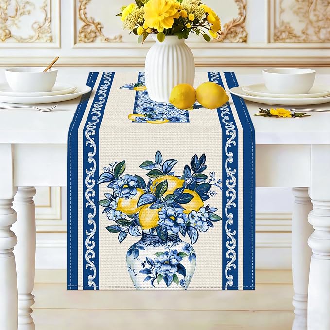 Summer Amalfi Coast Lemon Floral Table Runner Flowers Burlap Table Runners - Image 3