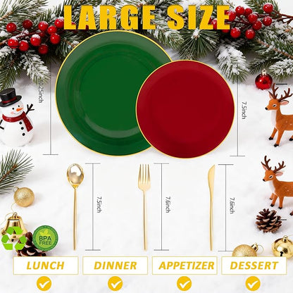 I00000 150Pcs Red and Green Plastic Plates with Gold Rim,Fancy Christmas Plastic Plates,Nice Christmas plates Set include 30 Dinner Plate,30 Dessert Plate, 90 plastic Silverware Set for christmas
