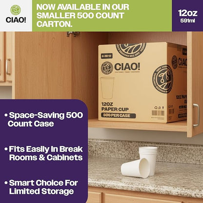 CIAO! 12oz White Paper Hot Cup, Disposable, 80mm Diameter 500 Count