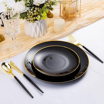 100 PCS Black Gold Plastic Plates, 10 inch Black Disposable Plates for Party, Plastic Dinner Plates for Party, Graduation, Birthday, Wedding