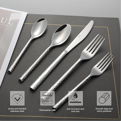 20-Piece Forged Hammered Stainless Steel Flatware Cutlery Set for 4, SXY INOX Includes Dinner Knives,Dinner Forks, Tea Spoons, Dinner Spoons, Salad forks, Mirror Polished - Dishwasher Safe