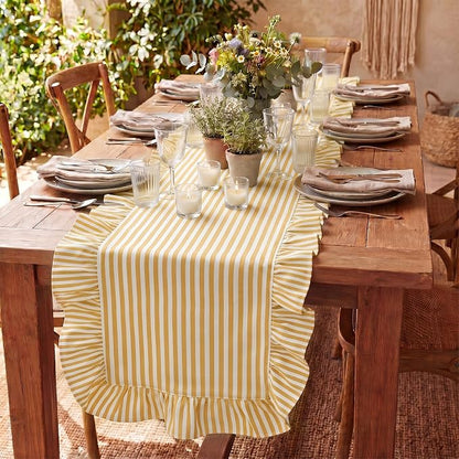 HunnmingRe Ruffle Trim Boho Table Runner Farmhouse Rustic Stripes Scalloped - Image 9