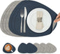 Placemats and Coasters, Washable Reversible Placemats Round Faux Leather Wipeable Place Mats Non Slip Heat Resistant Indoor Outdoor Table Mats (Set of 6, Gray Blue)