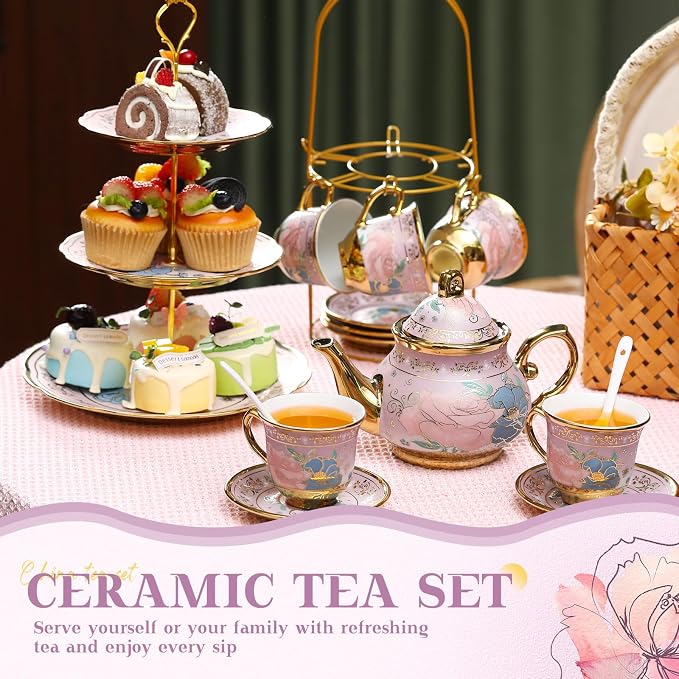 21 Pcs Ceramic Teapot Set Vintage Porcelain Tea Cups - Image 6