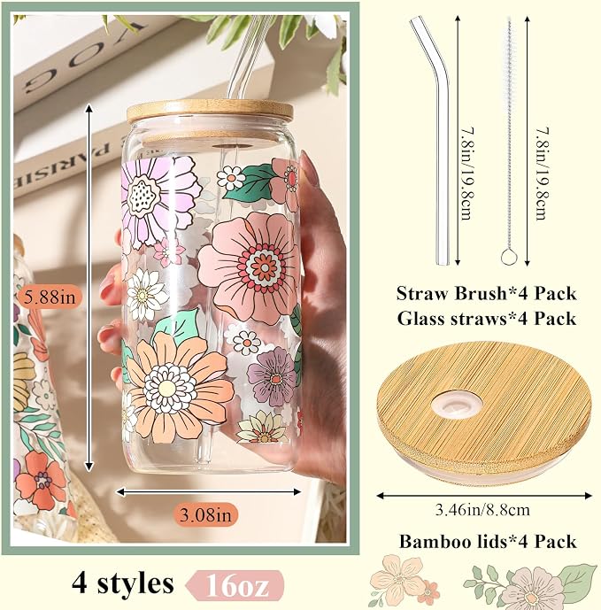 Mumufy 4 Pack Wildflower Glass Cups Gift Aesthetic Cute Glass Cup Tumbler - Image 2