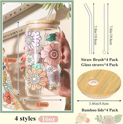 Mumufy 4 Pack Wildflower Glass Cups Gift Aesthetic Cute Glass Cup Tumbler - Image 2