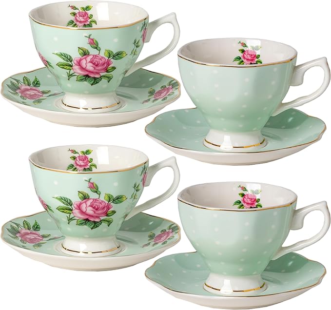 BTaT- Floral Tea Cups and Saucers, 8 oz, Fine Porcelain Teacup Set by BrewToATea
