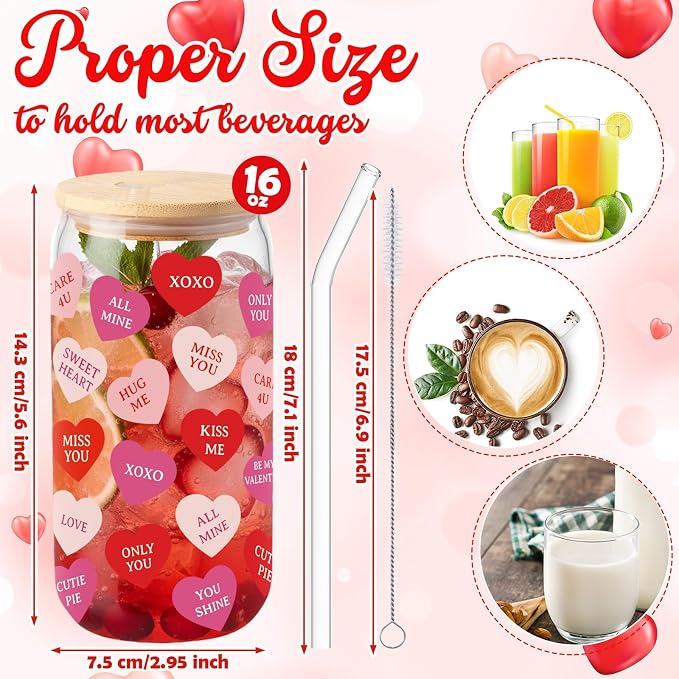 Sliner 2 Pcs Heart Glass Cups Valentines Galentines Day Tumbler 16 oz Iced - Image 5