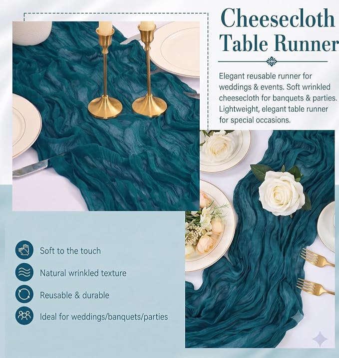 2 Pack Teal Cheesecloth Table Runner 17x108 Inch Boho Rustic Semi Sheer Gauze - Image 5