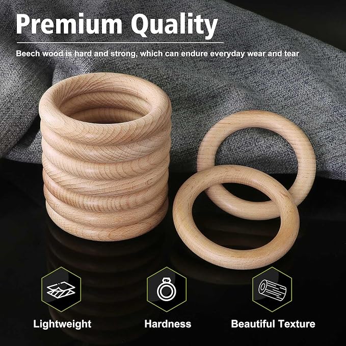 FoDau770 10pcs Natural Beech Wooden Rings, Unfinished Solid Wood Rings Heavy - Image 3