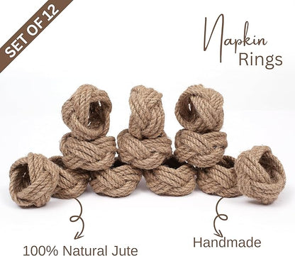 Lightnpro Jute Napkin Rings Set of 12, Classic Hand Woven Napkin Holders, Decorative Serviette Ring, Christmas Party Decoration, Everyday, Family Gatherings - Set Your Table with Style - Natural