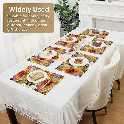Placemats Set of 6 Linen Washable Kitchen Dining Watercolor Sunflower Table Mats Stain Heat-Resistant Desktop Décor Colorful Wildflower Place Mats for Home Party Indoor 12x18 in