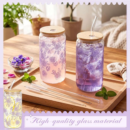 Sliner 2 Pcs Purple Floral Glass Cups Flower Gifts Drinking Glasses 16 oz Iced - Image 2