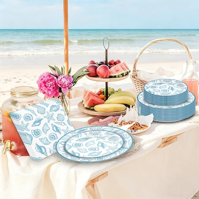 180Pcs Blue Seashell Starfish Coral Plates and Napkins Set, Serves 60 | - Image 5