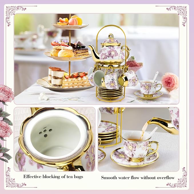 20 Pcs Porcelain Tea Set with Metal Holder, European Ceramic Tea Set - Image 3
