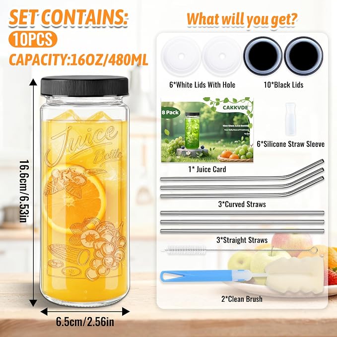 10 Pack 16oz Glass Juice Bottles - Image 2