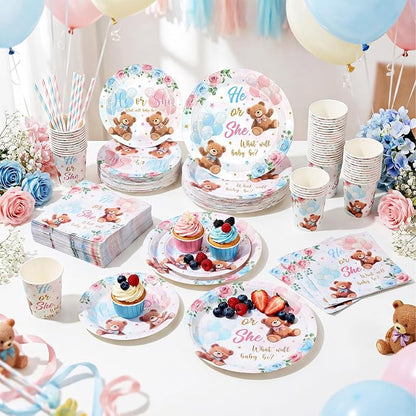 Funnymoom 250 Pcs Bear Gender Reveal Paper Plates and Napkins Party Supplies - Image 4