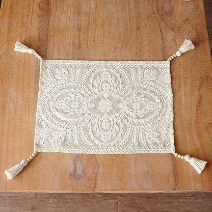 Embroidered Placemats Farmhouse Lace Doily, 8 Tassel Pendants, Layered Accent - Image 4