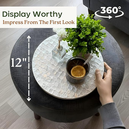 12 Inch Capiz Lazy Susan, Decorative Lazy Susan Turntable Centerpiece for Dining Table, Kitchen Counter, Round Mother of Pearl Capiz Shell Spinning Tray for Countertop & Tabletop (White)