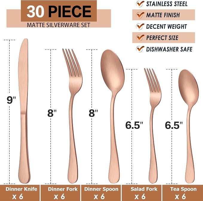 LIANYU 30 Piece Matte Copper Silverware Set, Stainless Steel Copper Cutlery | - Image 2