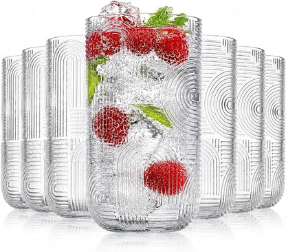Highball Glasses Set of 8, 14 oz Embossed Drinking Glasses, Vintage Art Deco - Image 5