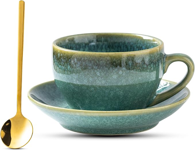 Porcelain Coffee Cup with Saucer Spoon, Vintage Design Ceramic Latte Art by Tvvtuww