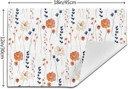 Watercolor Orange Floral Placemats Set of 4, Blue Orange Decorative Place Mats for Dining Tables Decor, Washable Linen Table Mats for Kitchen Spring Summer Outdoor Party Home Decor