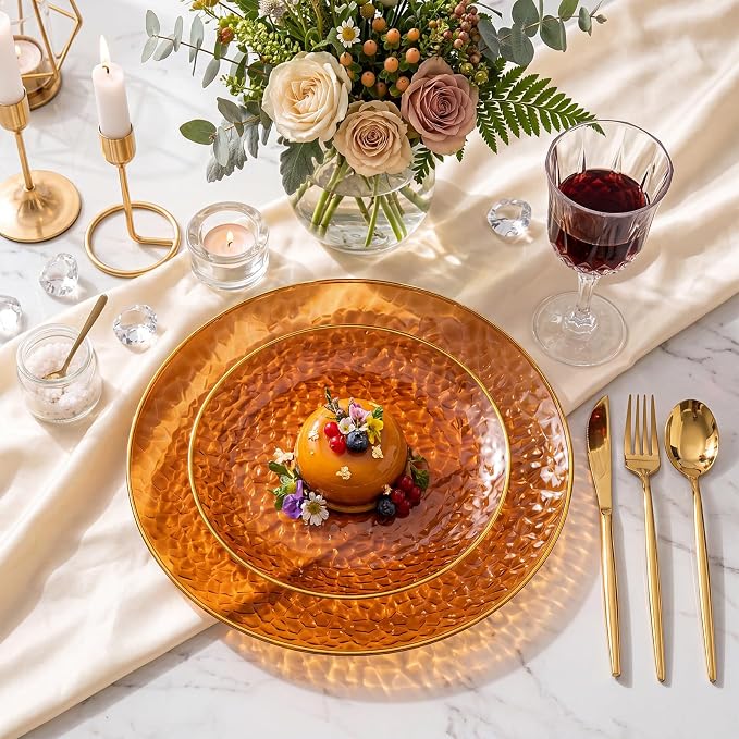 Rubtlamp 100Pcs Amber Gold Plastic Plates, Disposable Plates - Image 3