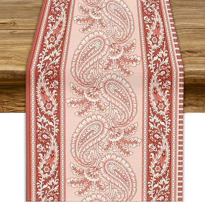 Pink Paisley Table Runner, Abstract Vintage Boho Paisley Flowers Leaves Print by JanJCurt
