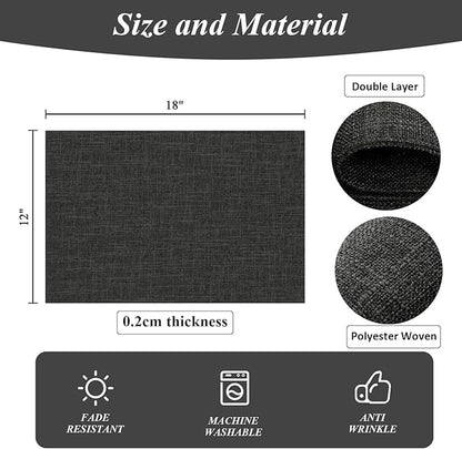 SHACOS Washable Cloth Placemats Set of 4 Cotton Linen Double Layer Thickened Machine Washable Table Mats Non Slip Heat Resistant Fabric Place Mats for Dining Table, Black