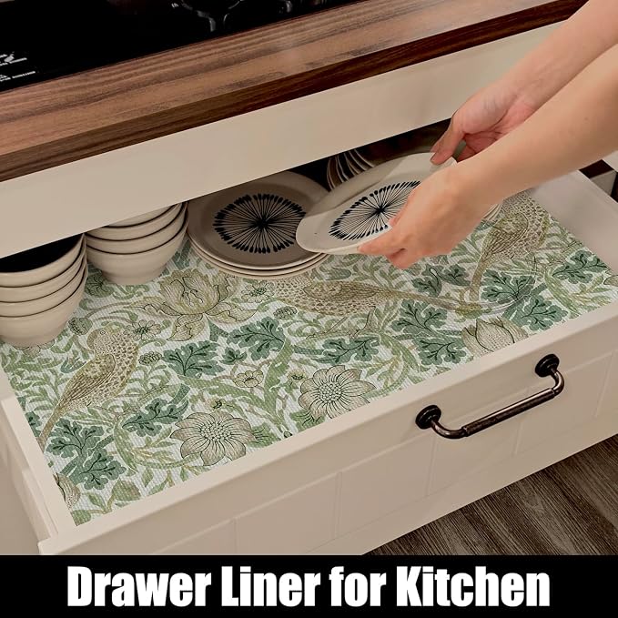 Bird Floral Drawer Shelf Liner for Kitchen Green 12IN x 10FT | Non Adhesive - Image 4