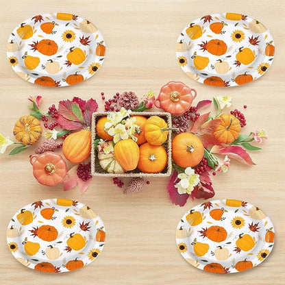 Grencian 50Pcs Fall Oval Paper Plates 10" x 12" Large Disposable Little Pumpkin Platters A Little Pumpkin Is On The Way Plates for Autumn Thanksgiving Holiday Birthday Baby Shower Party Decorations