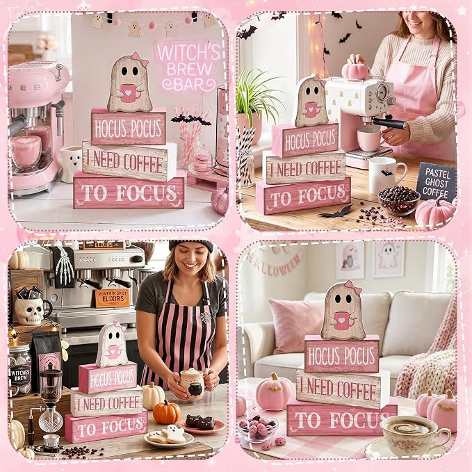 Moucuny 4 Pcs Pink Halloween Table Decorations Coffee Ghost Wooden Stacked - Image 6