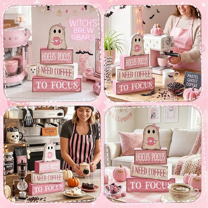 Moucuny 4 Pcs Pink Halloween Table Decorations Coffee Ghost Wooden Stacked - Image 6
