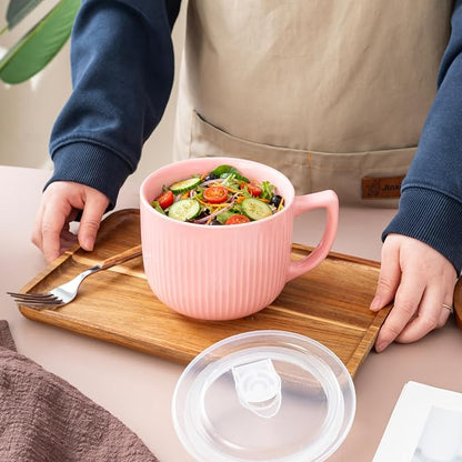 Ceramic Soup Bowl with Handle & Lid, Large 32oz Microwave Ramen Bowl Pink | - Image 4