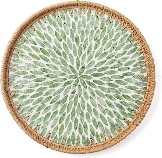 Round Rattan Tray with Mother of Pearl Inlay, Wooden Base | Coffee Table by Unknown