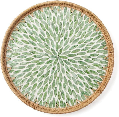 Round Rattan Tray with Mother of Pearl Inlay, Wooden Base | Coffee Table by Unknown